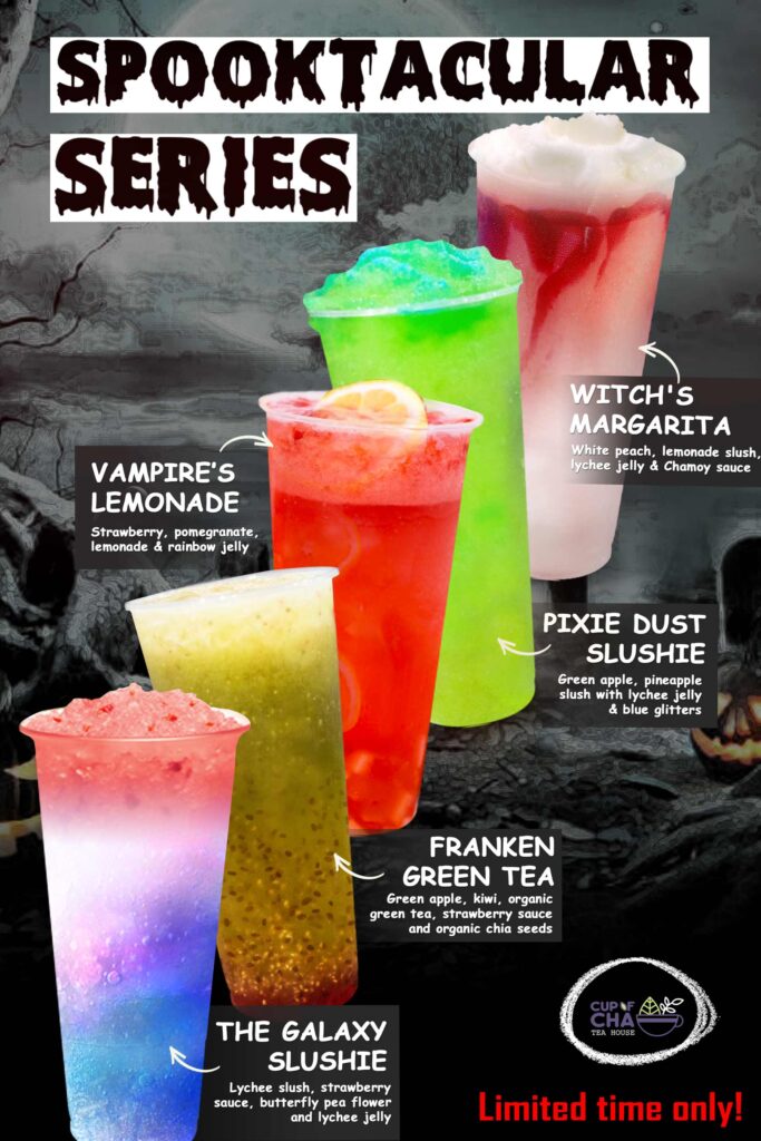 A poster displays 5 Halloween drinks