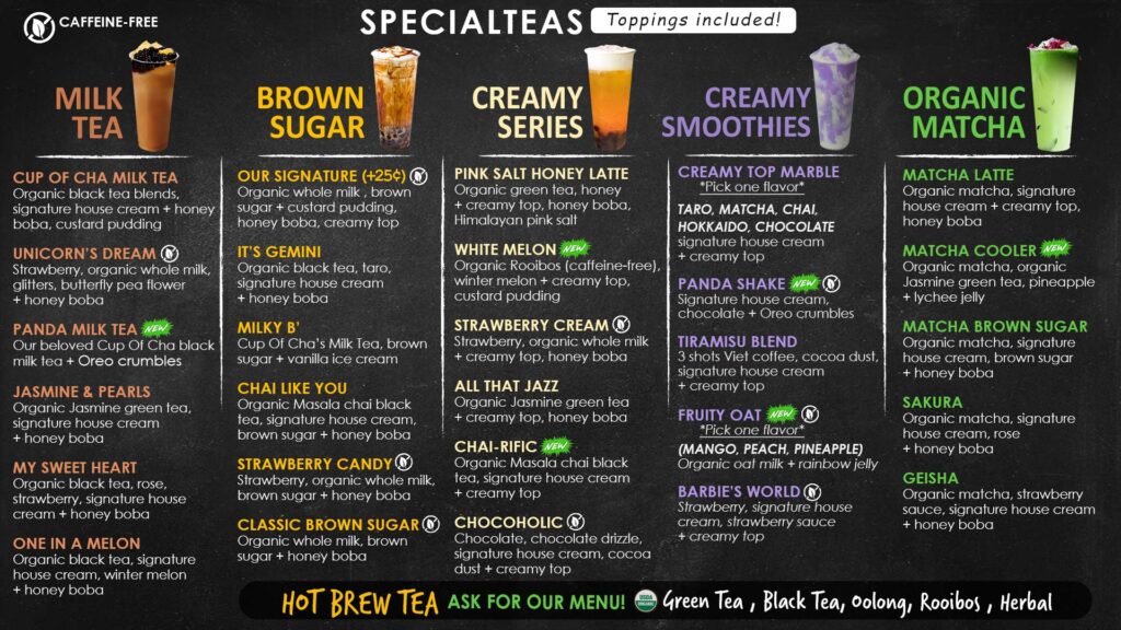 cup of cha 2022 specialties milk base drink menu