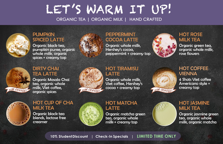 Winter hot latte menu featuring pumpkin and chocolate drinks