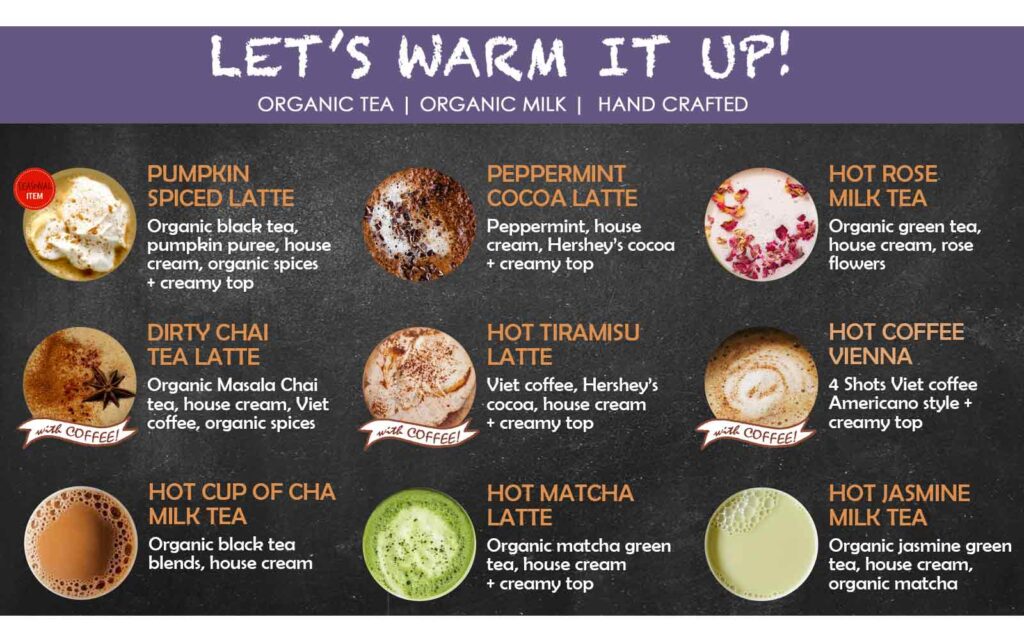 Hot Latte Menu from Cup Of Cha. Please visit us on Yelp for store hours.
