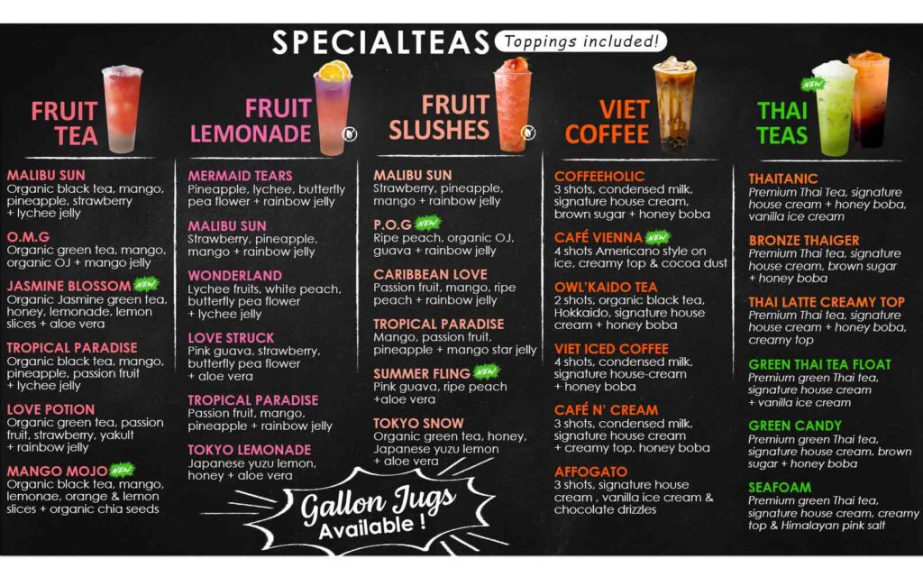 Specialties menu showcasing a variety of organic lemonades, Vietnamese coffee and thai teas and fruit slushies