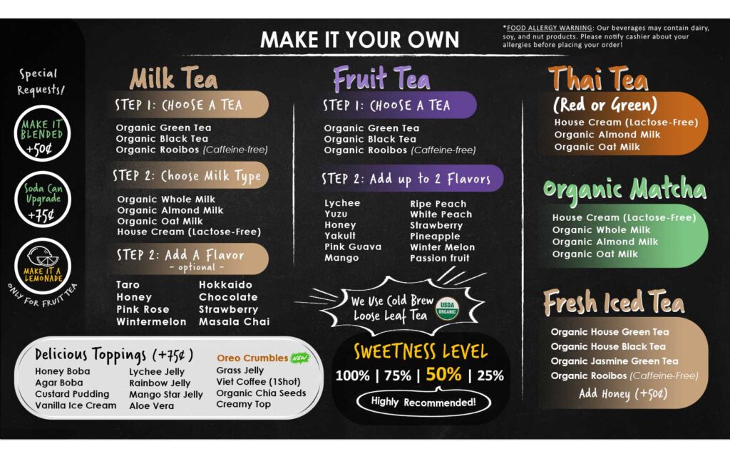 Make it your own menu where you can build your own drinks. Please call us for further assistance