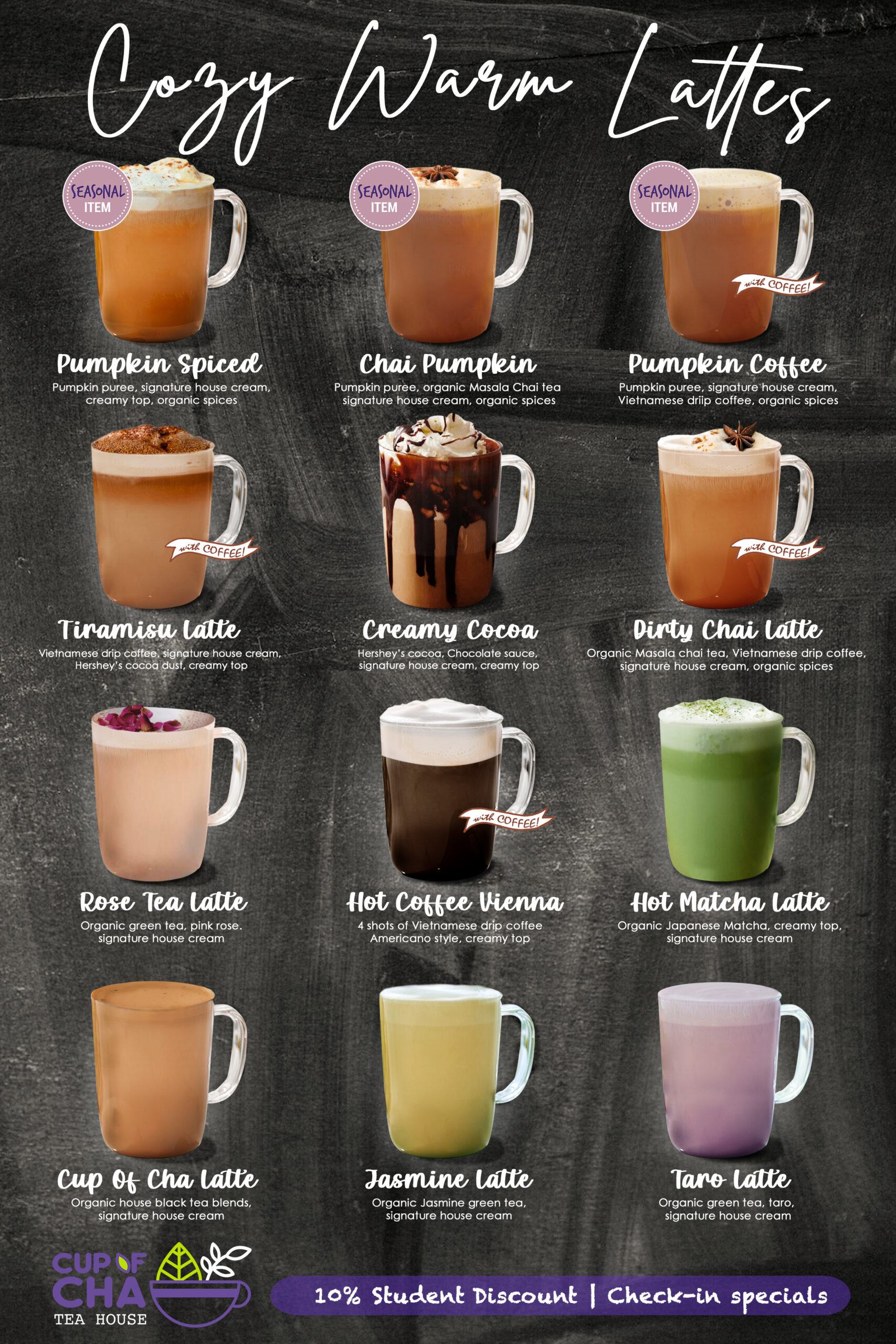 Hot milk latte menu showcasing a variety of hot drinks such as chai latte, rose latte, taro latte, matcha latte. Please call us if you need assistance.