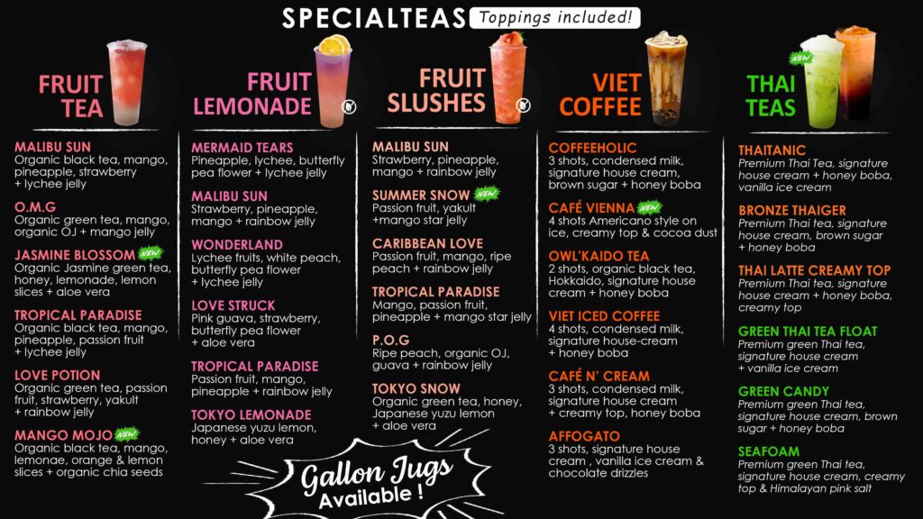 Cup of Cha Tea House fruit and lemonade menu featuring organic lemonade drinks, cold-brew fruit teas, and other specialty beverages