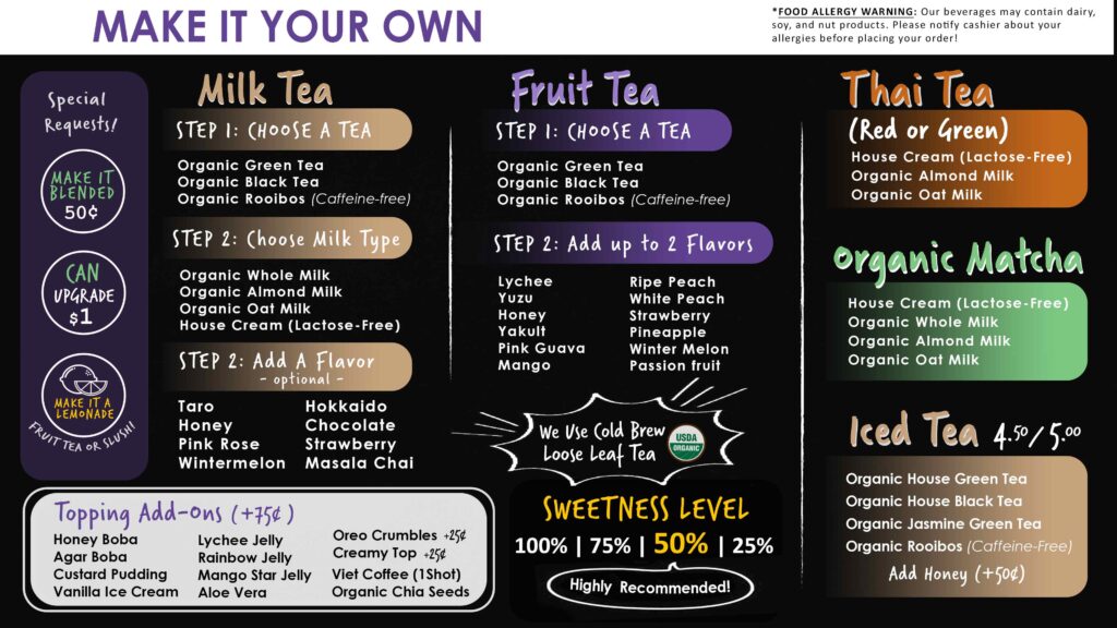 Cup of Cha Tea House Make It Your Own menu featuring fruit teas, milk teas, matcha, thai tea and other tea beverages